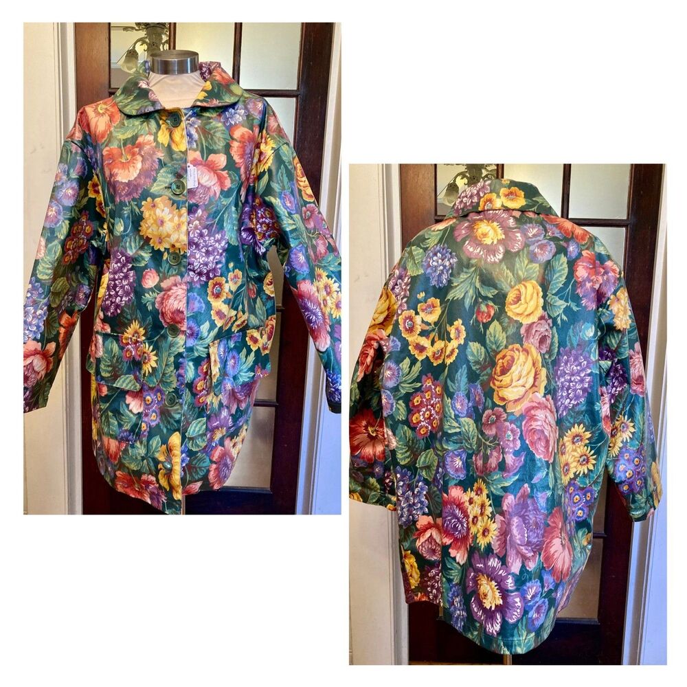1990s 2000s Y2k Oilcloth Floral Rain Coat Cotton Mod Nordic House Raincoat